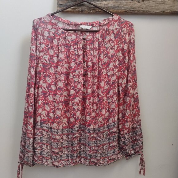 Lucky Brand Floral Boho Peasant Blouse Red/White Long Sleeve - Picture 1 of 4